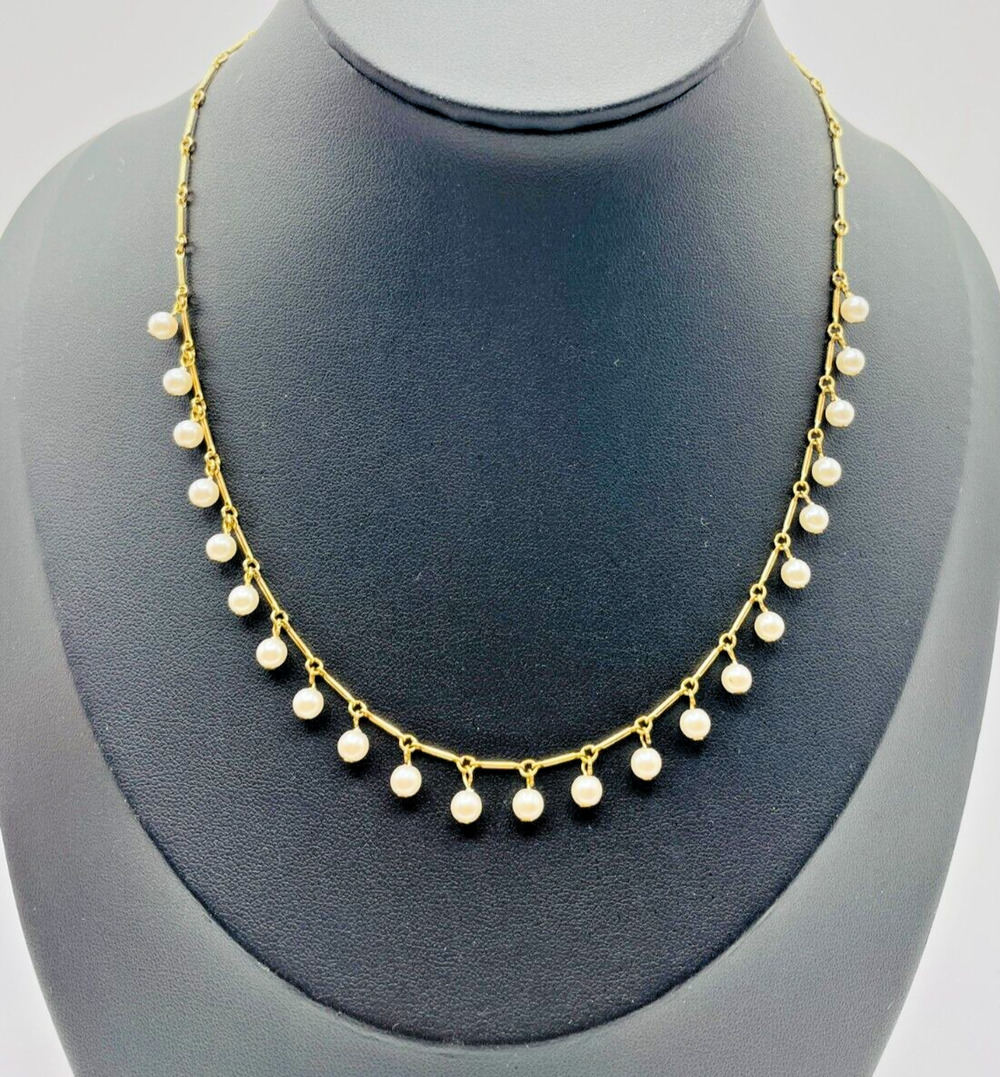 Carolee Dainty Gold Tone Bar Link Drop Dangle Imitation Pearl 16” Necklace 1990s
